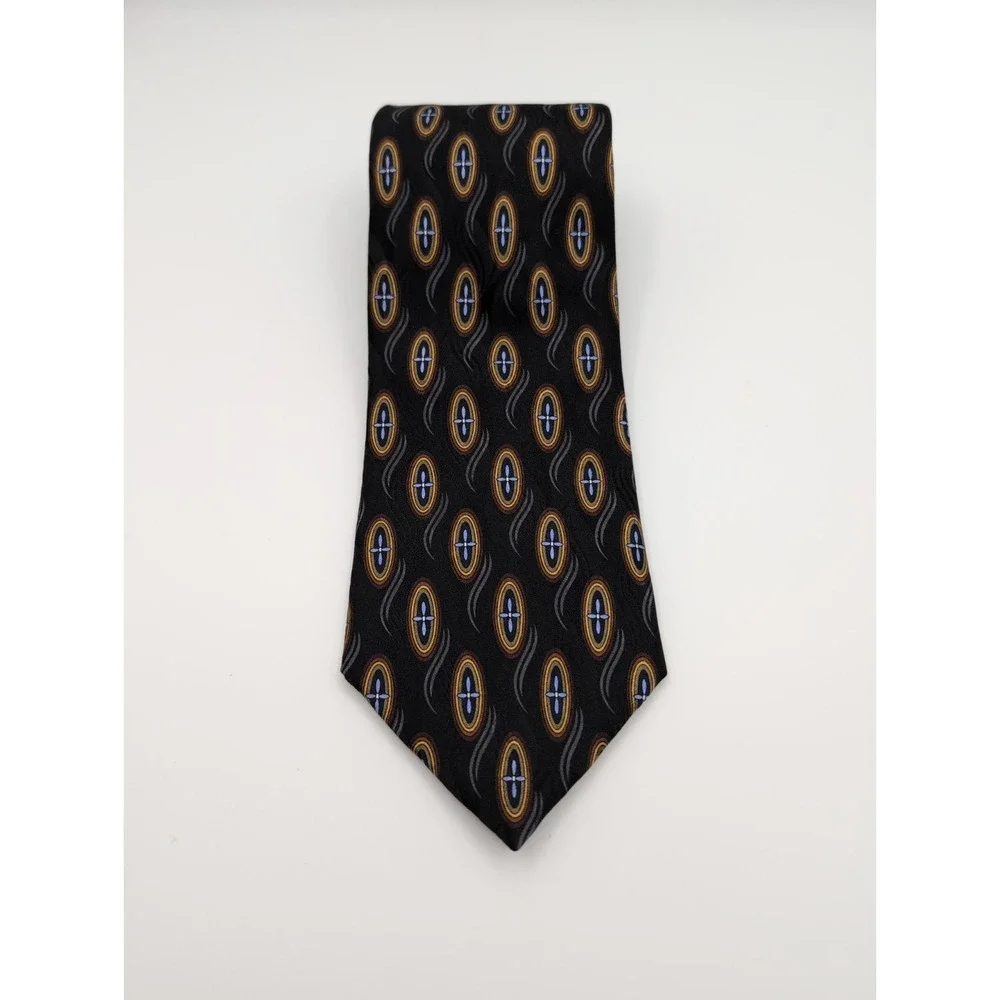 Vintage J.Z.‎ Richards Silk Tie Black Geometric Oval Medallion Pattern Made USA